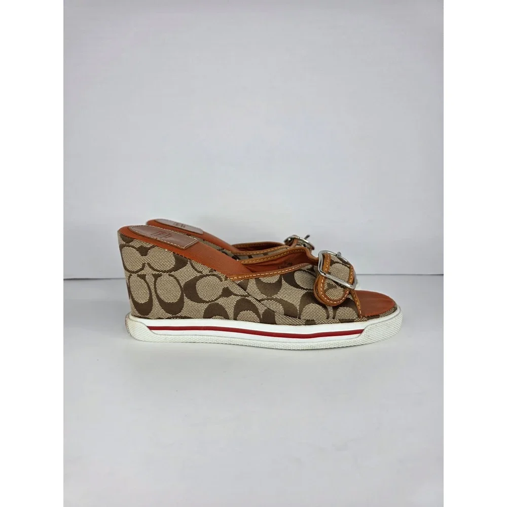 Coach Alyssa Wedge Sandals Womens 8.5 B Brown Canvas Monogram Buckle C Logo